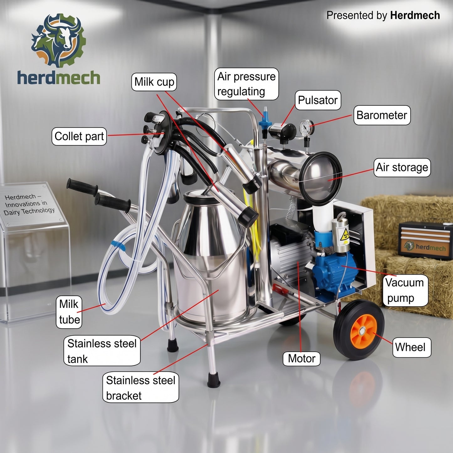 Portable Vacuum Milking Machine (HMM-II)- 304 Stainless Steel Mobile Milker Equipment
