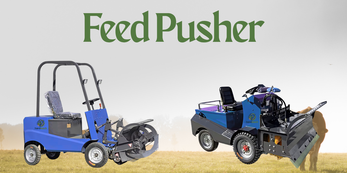 HerdMech electric feed pusher returning scattered feed to the fence for dairy cows