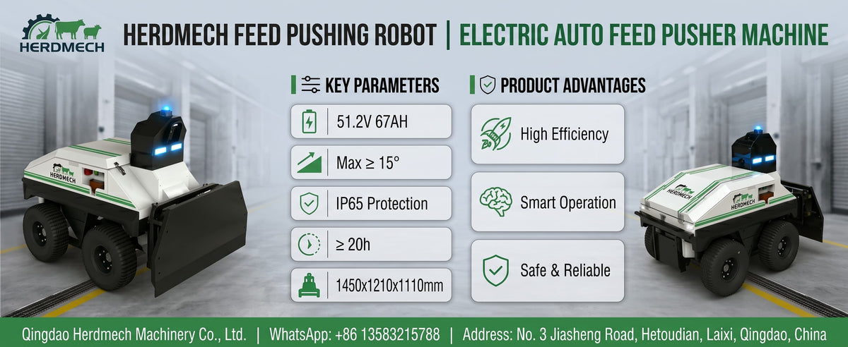 HerdMech automatic feed pusher keeping feed within reach to increase dairy cow dry matter intake