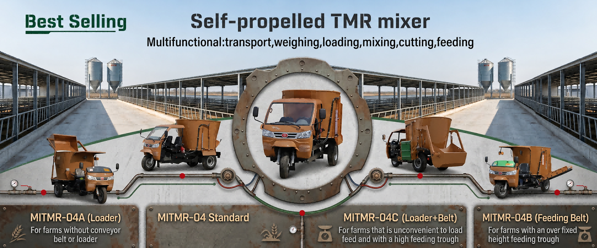 HerdMech self-propelled TMR mixer loading and mixing feed on a dairy farm