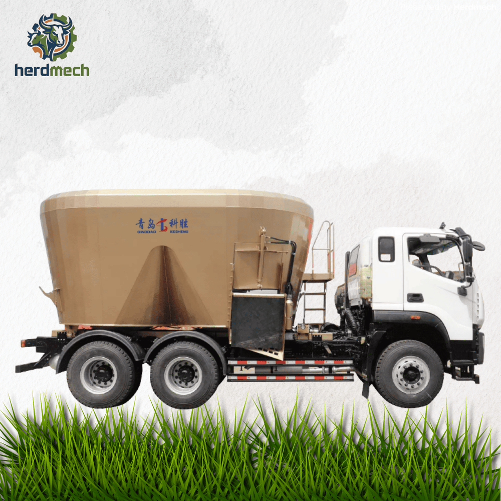 HerdMech truck-mounted TMR mixer on a commercial truck chassis